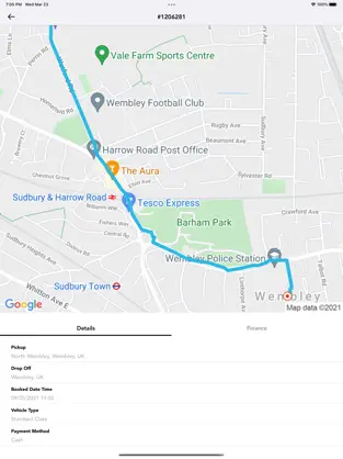 Route map screenshot showing a chauffeur journey path in , UK – Xverso Chauffeur Services