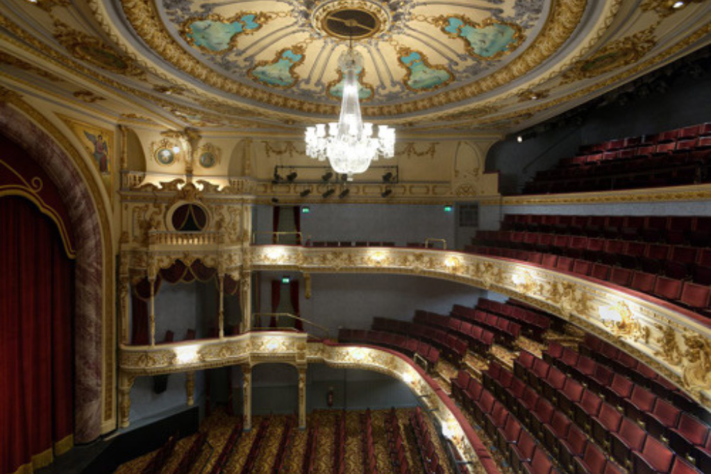 Interior of the Everyman Theatre in Cheltenham featuring ornate balconies and seating.