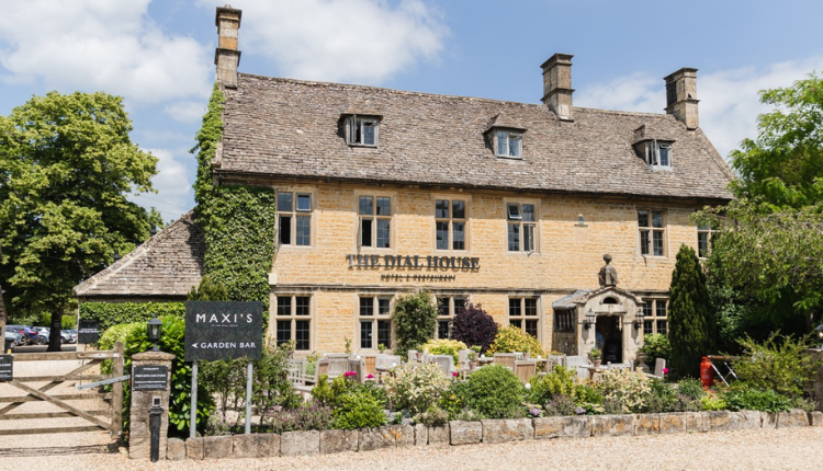 The Dial House Hotel in Bourton-on-the-Water, a traditional Cotswolds stone hotel with garden seating