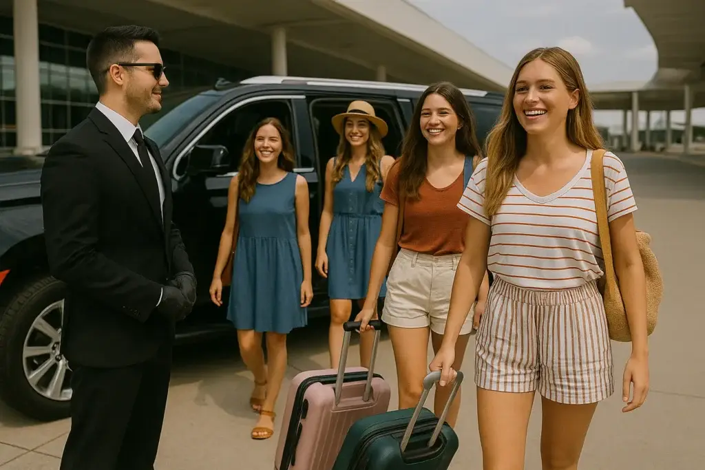 Group of travellers experiencing Chauffeur Services in UK and greeted by a professional chauffeur for an airport transfer Xverso UK