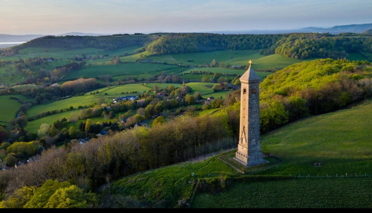 Aerial view of the Tyndale Monument overlooking the countryside at North Nibley, Gloucestershire.