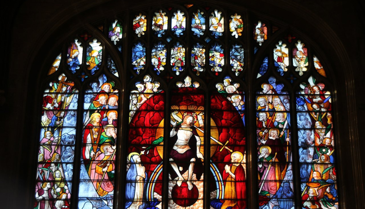 Medieval stained glass window inside St Mary’s Church, Fairford.
