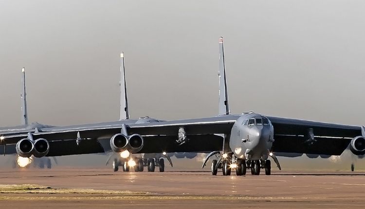 B-52 bomber aircraft lined up on the runway at RAF Fairford.